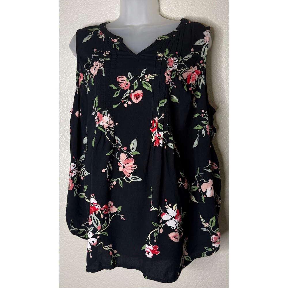 Croft & Barrow Womens 1X Tank Top Black Floral Pintuck V Neck Rayon Sleeveless